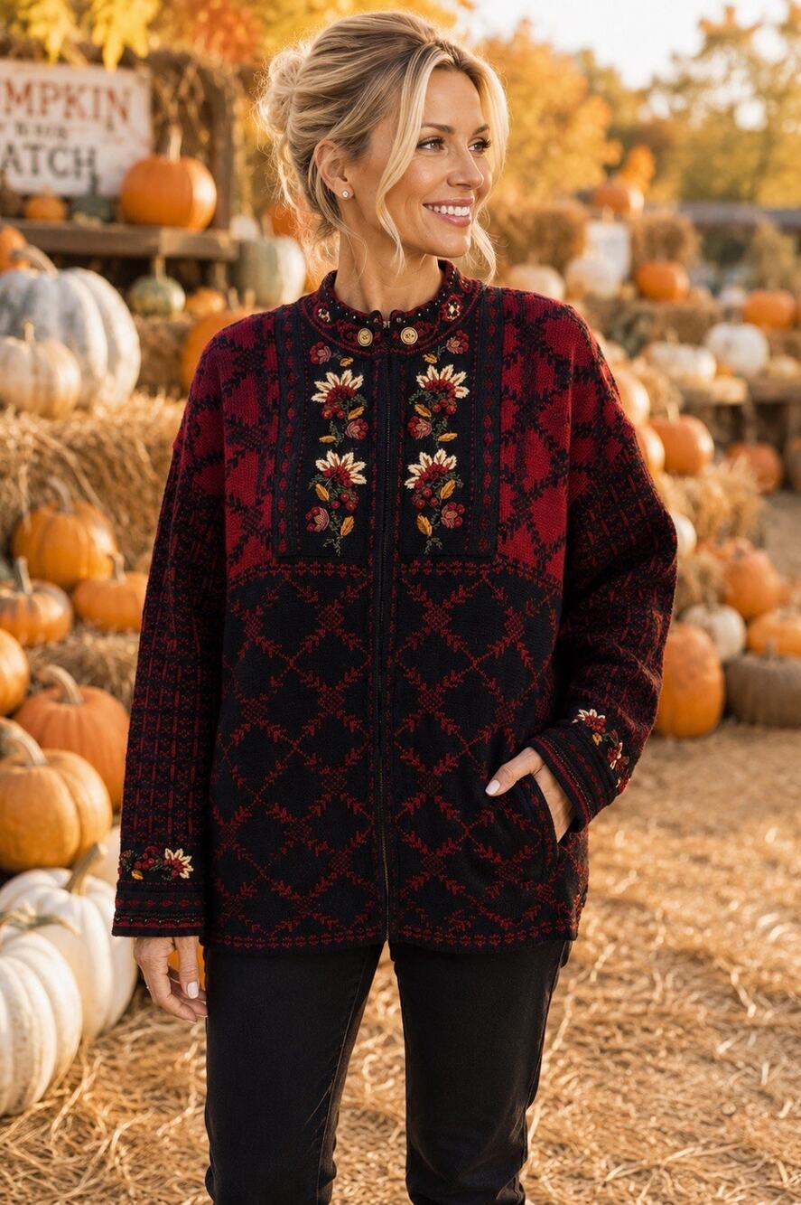 Icelandic Design Red & Black Cardigan Embroidered Nordic Zip Sweater Size Large